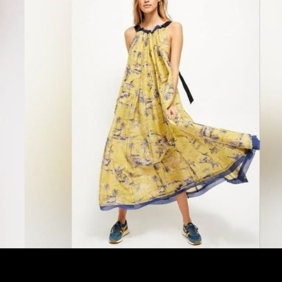 Free People lime green and navy wildlife print low back dress lined w/navy trim - Picture 12 of 15